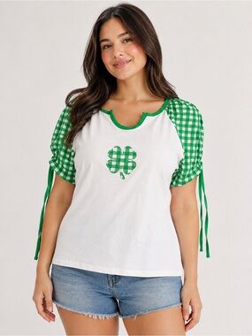 White Tee with Green Gingham Puff Sleeves and Clover Motif